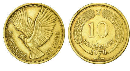 Anverso y reverso de la moneda de 10 centésimos de 1970 con un cóndor en vuelo