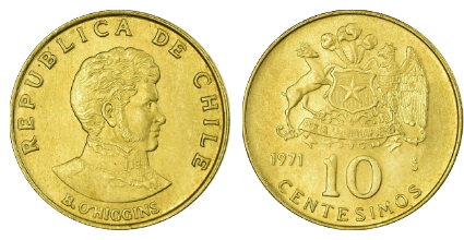 Anverso y reverso de la moneda de 10 centésimos de 1971 con Bernardo O’Higgins