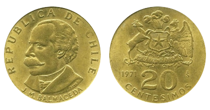 Anverso y reverso de la moneda de 20 centésimos de 1971 con José Manuel Balmaceda