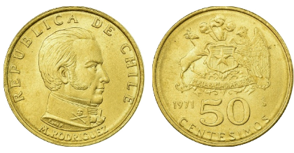 Anverso y reverso de la moneda de 50 centésimos de 1971 con Manuel Rodríguez