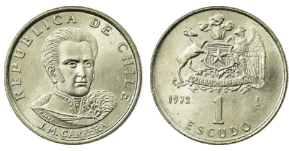 Anverso y reverso de la moneda de 1 escudo de 1972 con José Miguel Carrera