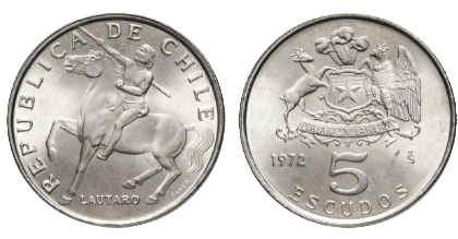 Anverso y reverso de la moneda de 5 escudos de 1972 con Lautaro