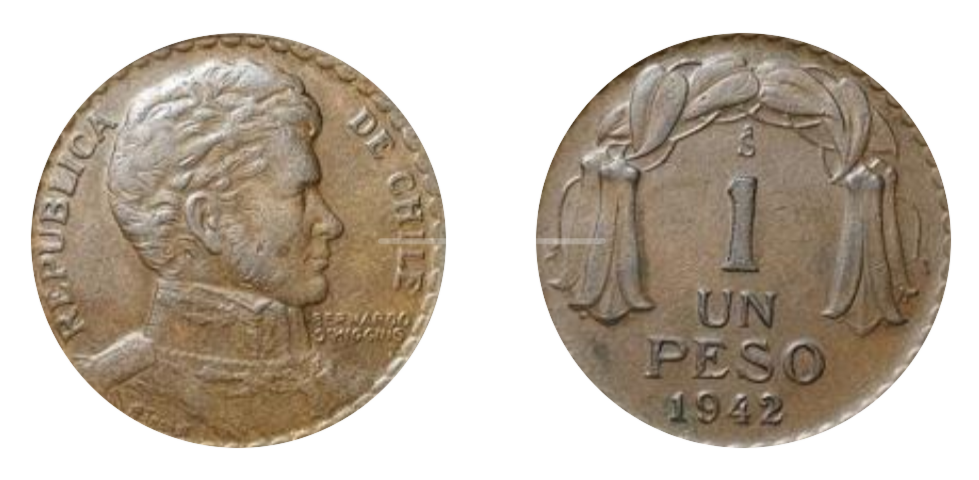 Anverso y reverso de la moneda de 1 peso de 1942 con Bernardo O’Higgins