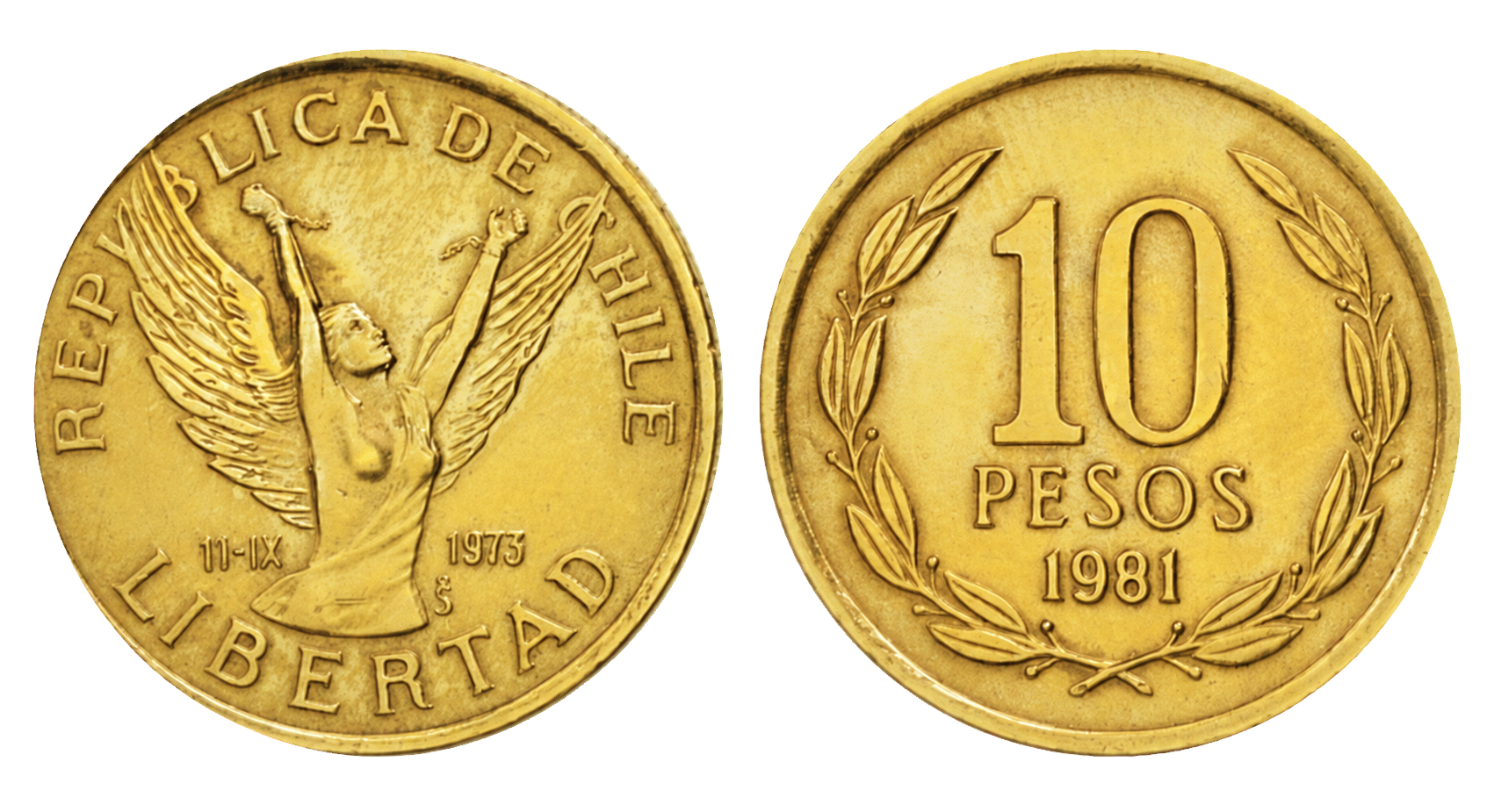 Anverso y reverso de la moneda de 10 pesos de 1981 con la Libertad alada
