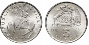Moneda de 5 escudos de 1971 con Lautaro