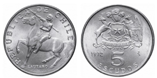 Variante de la moneda de 5 escudos de 1972 con Lautaro