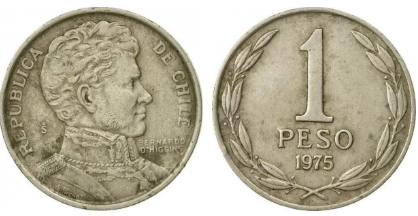 Moneda de 1 peso de 1975 con Bernardo O'Higgins
