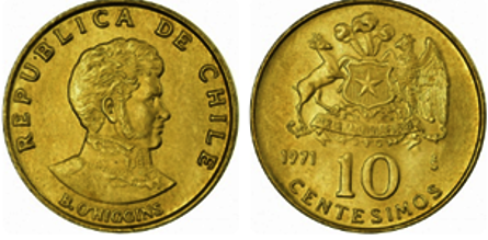 Moneda de 10 centésimos de 1971 con Bernardo O'Higgins