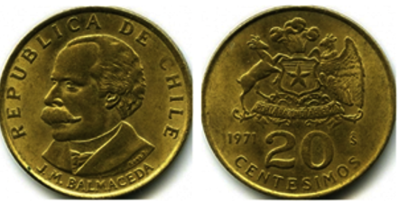 Moneda de 20 centésimos de 1971 a 1972 con José Manuel Balmaceda