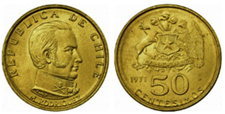Moneda de 50 centésimos de 1971 con Manuel Rodríguez